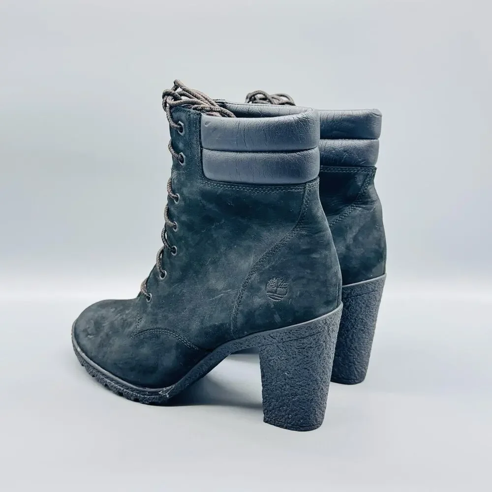 Timberland Boots Womens 9 Black Nubuck Lace Up Heel Ankle Booties Lug Sole